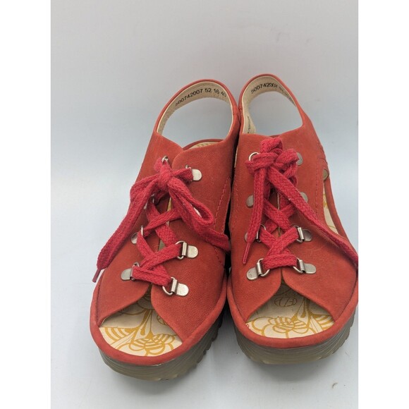 Fly London Ylfa Scarlet Red Leather Lace up Comfort Wedge Sandals Sz 40 - Picture 1 of 8